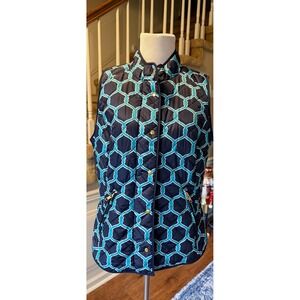 Crown Ivy Quilted Vest Women Medium Navy Teal Geometric Print Zip Pockets